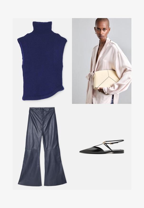 Dzianinowy bezrękawnik z wysokim kołnierzem w głębokim niebieskim kolorze, ozdobiony strukturalnym ściągaczem. Posiada wysoki kołnierz oraz zaokrąglony dół.; Granatowe skórzane spodnie o linii rozszerzanej z wysokim stanem, charakteryzujące się gładką fakturą i eleganckimi detalami szwów.; Victoria Beckham - Sandały; Kremowa torebka strukturalna z kontrastowymi czarnymi szwami, z geometrycznym wzorem. Gładka faktura z złotymi akcentami.