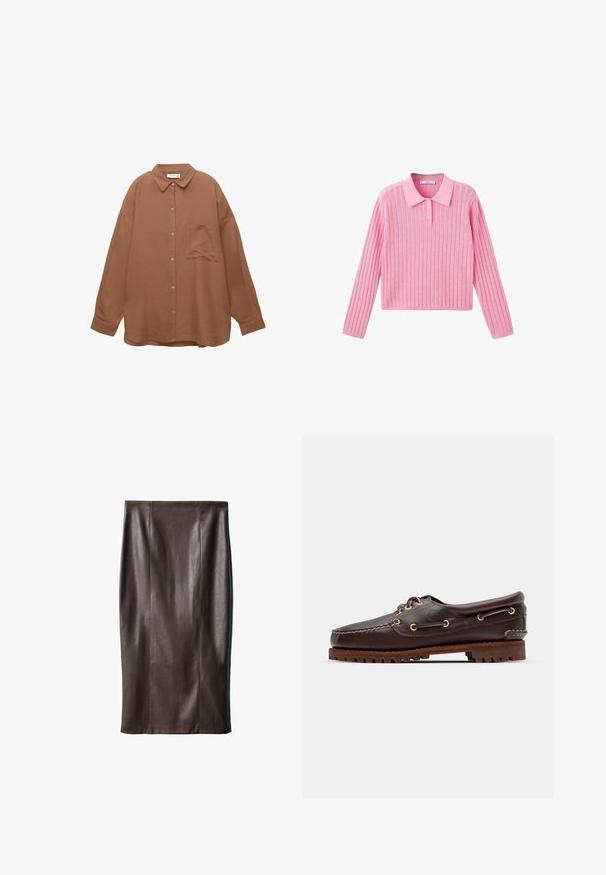 Rjava srajca s kratkimi rokavi in ostrim ovratnikom, dolge rokave in žepom na prsih. Ima teksturirano tkanino in srebrne gumbe.; Roza rebrasta pulover s dolgimi rokavi in ovratnikom, ki ima tri gumbe na ovratniku in krojen rob.; Rjav usnjeni svinčnik mini krilo z gladko teksturo, do kolen, z navpičnimi šivi za oblikovanje. Brez dodatnih kovinskih delov ali okrasov.; Rjave usnjene čolnarske čevlje z zlatimi očesi, okroglicami in teksturiranim rjavim gumijastim podplatom. Ima šivano podrobno obdelavo in dvignjen logotip.