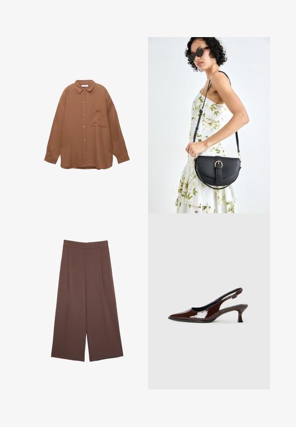 Camicia marrone con bottoni, colletto a punta, maniche lunghe e taschino sul petto. Presenta un tessuto testurizzato e bottoni in metallo argentato.; Pantaloni ampi marroni con una texture liscia, caratterizzati da una vita alta e pieghe frontali. Il tessuto è leggero e scorre liberamente.; Scarpa slingback in pelle verniciata marrone con punta affusolata e tacco moderato. Presenta una fascia con fibbia per una calzata sicura. Tessuto liscio.; Borsa a tracolla nera in pelle con una forma curva, manico rimovibile e accessori dorati. La borsa presenta una patta con un dettaglio a fibbia.