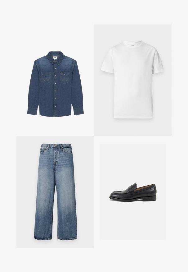 Donkerblauwe denimshirt met een button-down kraag, twee borstzakken met contrasterende stiksels en lange mouwen met knopenmanchetten.; Witte T-shirt met korte mouwen van zacht katoen. Heeft een ronde halslijn en een rechte zoom met minimale details.; Wijde blauwe denim jeans met een vervaagde was, vijf zakken en een knoopsluiting. Voorzien van riemlussen en gestikte details.; Zwarte leren loafers met een gladde afwerking, ronde neus en decoratieve stiksels op de wreef. Lage gestapelde hak en een lichte glans.