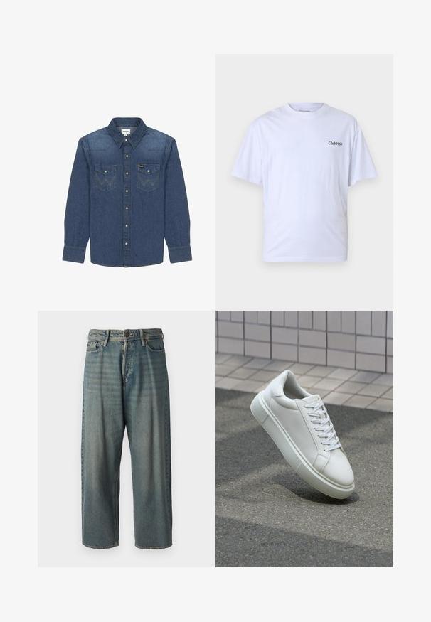 Granatowa koszula dżinsowa z kołnierzykiem zapinanym na guziki, dwoma kieszeniami na piersi z kontrastowym przeszyciem i długimi rękawami zakończonymi mankietami na guziki.; Biała bawełniana koszulka z krótkim rękawem, okrągłym dekoltem i napisem "Club1990" wydrukowanym na czarno po lewej stronie klatki piersiowej. Casualowy krój.; Jasnoniebieskie dżinsy o luźnym kroju, średnim stanie i prostych nogawkach. Posiadają pięć kieszeni, szlufki na pasek oraz zapięcie na guzik.; Białe skórzane trampki z gładką powierzchnią, okrągłym noskiem i płaskimi białymi sznurowadłami. Posiadają teksturowaną gumową podeszwę oraz minimalistyczne elementy projektowe.