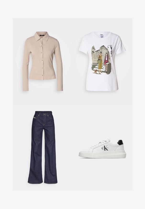 Langärmliges, beiges Rippenhemd mit Kragen und Knöpfen vorne. Hat eine taillierte Passform und eine subtile Textur.; Weißes Baumwoll-T-Shirt mit einem bedruckten Motiv, das zwei Frauen in urbanen Modestilen zeigt, die mit einem Hund auf einem Zebrastreifen stehen, mit Stadtgebäuden im Hintergrund.; Dunkelblaue weite Jeans aus Denimstoff mit hoher Taille, ausgestattet mit orangefarbenen Nähten, fünf Taschen und einem Knopfverschluss.; Weiße Low-Top-Sneaker mit schwarzem Fersenpatch, Plateau-Sohle, Schnürsenkeln und Calvin Klein "CK"-Logo an der Seite.