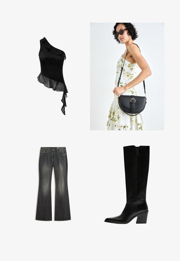 Zwarte één-schoudertop met een soepele satijnen afwerking en transparante ruches aan de onderrand, met een asymmetrisch ontwerp voor een elegante flair.; Uitlopende spijkerbroek van donker denim met een lichte vervaging, vijf zakken en contraststiksels, voorzien van een standaard knoop- en ritssluiting.; Zwarte laarzen tot de knie van soepel leer, met een puntige neus, een blokhak en een V-vormige uitsparing aan de bovenkant.; Zwarte leren handtas met een gebogen vorm, afneembare schouderband en gouden hardware. De tas heeft een klep met een gespsluiting.