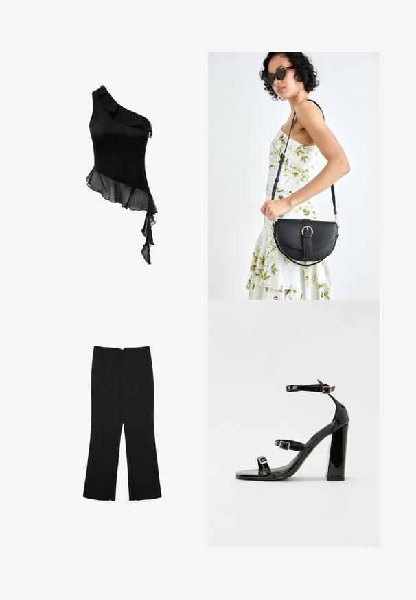 Czarny top na jedno ramię o gładkim satynowym wykończeniu i przezroczystym, falowanym dołku, z asymetrycznym krojem dla eleganckiego efektu.; Czarne spodnie o prostym kroju, z przednimi kieszeniami i bocznymi rozcięciami na dole. Wykonane z miękkiego, gładkiego materiału. Odpowiednie na różne okazje.; Czarne lakierowane sandały na obcasie z kwadratowym noskiem, z paskami wokół kostki i srebrnymi klamrami. Posiadają masywny słupek dla stabilności.; Czarna skórzana torebka o zakrzywionym kształcie, z odpinanym paskiem i złotymi akcentami. Torebka posiada klapę z zapięciem w kształcie klamry.