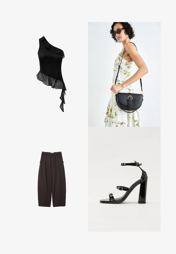 Zwarte één-schoudertop met een soepele satijnen afwerking en transparante ruches aan de onderrand, met een asymmetrisch ontwerp voor een elegante flair.; Zwarte wijde broek gemaakt van een gladde stof, met een hoge taille, voorplooien en zijzakken. Eenvoudig ontwerp zonder versieringen.; Zwarte patent lederen sandalen met hoge hakken, twee gespenbanden, een vierkante neus en een stevige blokhak, met een gladde, glanzende textuur.; Zwarte leren handtas met een gebogen vorm, afneembare schouderband en gouden hardware. De tas heeft een klep met een gespsluiting.