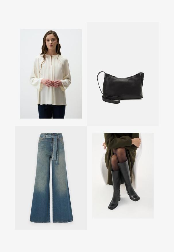 Blouse crème avec un col rond et un détail en fente, dotée de longues manches larges et d'une texture douce et fluide. Associée à un pantalon sombre.; Pantalons en denim à jambe large présentant un dégradé de bleu clair à bleu foncé, taille haute, passants de ceinture et une ceinture en tissu assortie. Finition en denim texturé.; Bottes en cuir noires arrivant au genou, avec un bout carré et un talon carré, présentées sur un modèle assis dans un manteau vert olive. Texture lisse, détails minimaux.; Sac à épaule en cuir noir avec une texture lisse, une forme courbée, une bandoulière ajustable et une fermeture éclair. Design minimaliste sans embellissements.