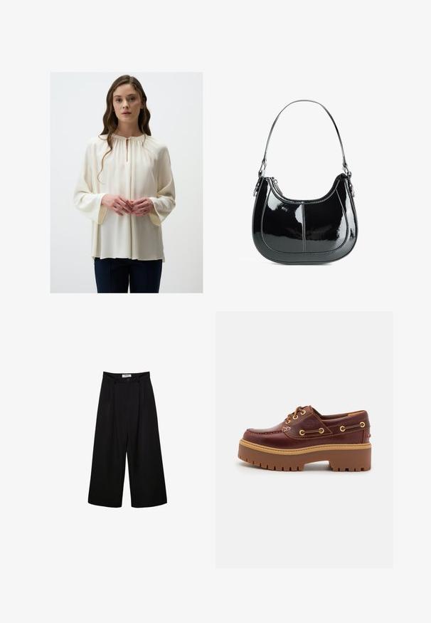 Crème blouse met een ronde halslijn en een sleutelgatdetail, voorzien van lange, brede mouwen en een zachte, vloeiende textuur. Gecombineerd met donkere broek.; Zwarte wijde broek met een hoge taille, geplooide voorkant en knoopsluiting. Gemaakt van gladde stof met een scherp gesneden ontwerp.; Bruine leren botenschoenen met een stevige bruine rubberen zool, gouden ogen en contraststiksels. Heeft een logo aan de zijkant.; Zwarte gepatineerde leren handtas met een gebogen ontwerp, ritssluiting en een enkele schouderriem met zilverkleurige hardware en stikselaccenten.