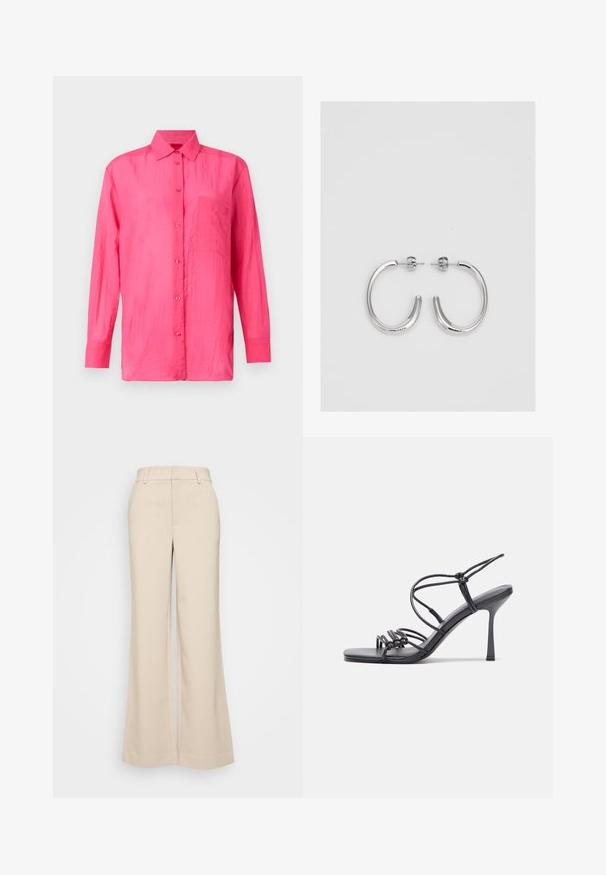 Camicia a maniche lunghe con bottoni di un vivace colore rosa, realizzata in materiale leggero. Presenta una tasca sul petto e una finitura in tessuto testurizzato.; Pantaloni beige a gamba larga con una texture liscia, caratterizzati da una vita alta e due tasche frontali. Design pulito con una vestibilità sartoriale.; Sandali neri con tacco alto presentano sottili cinturini con design annodato, una punta quadrata liscia e un elegante tacco a spillo.; Orecchini a cerchio in argento con superficie liscia e lucida, caratterizzati da una forma curva e chiusura a perno. Design minimalista con finitura moderna.
