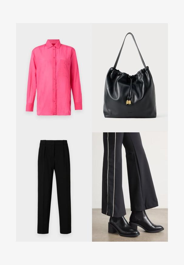 Dlhý rukáv, zapínacia košeľa v jasne ružovej farbe, vyrobená z ľahkého materiálu. Obsahuje vrecko na hrudi a štruktúrovaný povrch.; Čierne oblekové nohavice so strihom na priamu líniu, s plisovaným predným dielom, lesklým materiálom a stredne vysokým pásom. Bez viditeľných vreciek alebo hardvérových detailov.; Čierne kožené členkové topánky s blokovým podpätkom, vybavené elastickými bočnými panelmi. Skombinované s čiernymi nohavicami, ktoré majú biely bočný pruh.; Čierna kožená taška so šnúrkami, hladkým povrchom, sťahovacím vrchom a jemným zlatým kovania. Obsahuje jeden pevný popruh a embosované logo.
