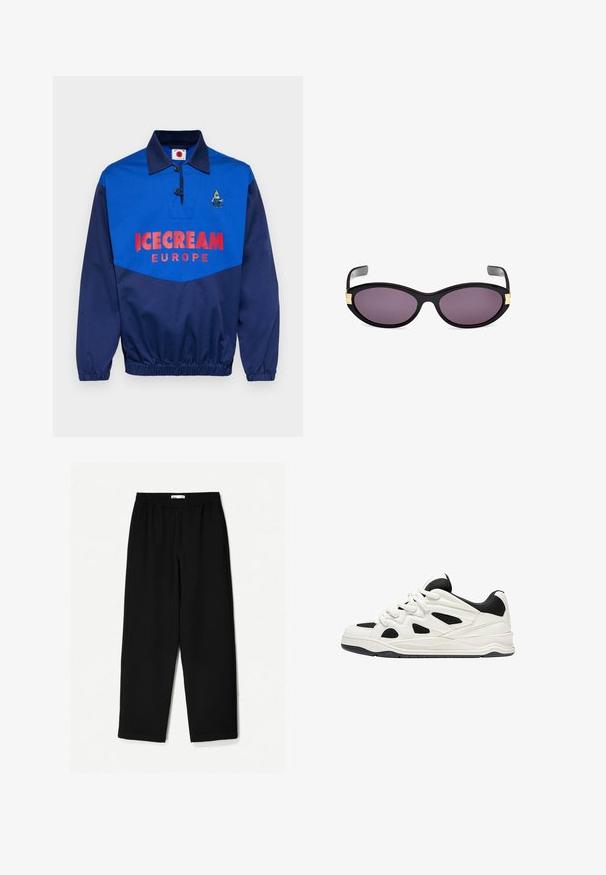 Pullover blu navy in misto poliestere con design a colletto, caratterizzato da una grande stampa rossa "ICECREAM EUROPE" e una grafica ricamata.; Pantaloni neri a gamba larga realizzati in un tessuto leggero. Presentano una vita elasticizzata e una texture liscia. Senza motivi visibili o accessori.; Scarpe da ginnastica bianche e nere con suola testurizzata, caratterizzate da intagli sui lati e lacci, e una schiena imbottita per il supporto.; Occhiali da sole a forma di gatto neri con lenti viola. Presentano dettagli in oro vicino alle tempie. Montatura in plastica liscia con una finitura lucida.