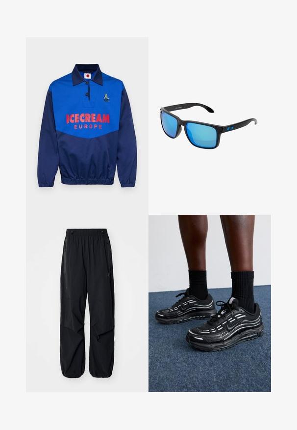Tengerészkék pulóver poliészter keverékből, galléros dizájnnal, nagy vörös nyomtatott "JÉGKRÉM EURÓPA" felirattal és hímzett grafikával.; Fekete, könnyű munkásnadrág elasztikus derékrésszel, oldalsó cipzárokkal és tágas zsebekkel. Lazán illeszkedik, és szűkülő bokákkal rendelkezik.; Fekete Nike cipők hálós felsőrésszel, kiemelő csíkokkal, texturált fűzővel és fekete gumitalppal rendelkeznek. Fekete bordázott zoknikkal viselve.; Stílusos fekete napszemüveg kék tükörlencsékkel, négyzet alakú kerettel és kék díszítéssel a szárakon. Könnyű műanyagból készült.