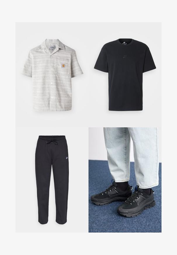 Világosszürke, rövid ujjú ing, függőleges csíkokkal, gombos elülső résszel és egy mellzsebbel, amelyen egy kis narancssárga logó található. Pamut keverék anyag.; Fekete pamut póló Nike márkájú, klasszikus, kerek nyakú, rövid ujjú, és letisztult, dombornyomott logóval a mellkason. Simább textúra.; Fekete, puha anyagból készült melegítőnadrág, rugalmas derékkal, húzózsinórral és egy kis Nike logóval a bal combján.; Fekete sportcipők texturált anyaggal és gumitalppal, elasztikus fűzőkkel és kék kiegészítővel a saroknál. Világos farmernadrággal viselve.