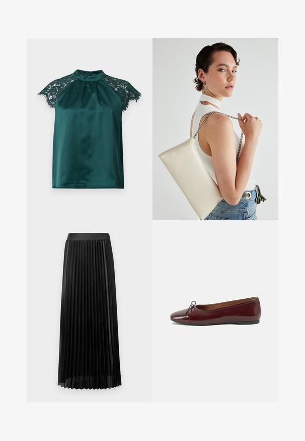 Grüne Satinbluse mit Stehkragen, ausgestattet mit Spitzenärmeln und plissierter Vorderseite. Glatte Textur mit detaillierten Spitzeakzenten.; Schwarzer Faltenrock mit einem glatten Bund, aus leichtem Stoff gefertigt. Ausgestattet mit klaren, vertikalen Falten und einem Design in knielanger Länge.; Burgunderfarbenes, lackiertes Ballettschuh mit abgerundetem Zehenbereich, kleiner Schleifenakzent vorne und einer niedrigen, schwarzen Gummisohle. Glatte Textur.; Weiße rechteckige Clutch aus glänzendem Material mit einem silbernen Kettenriemen. Das Model posiert und präsentiert die Tasche vor einem schlichten Hintergrund.