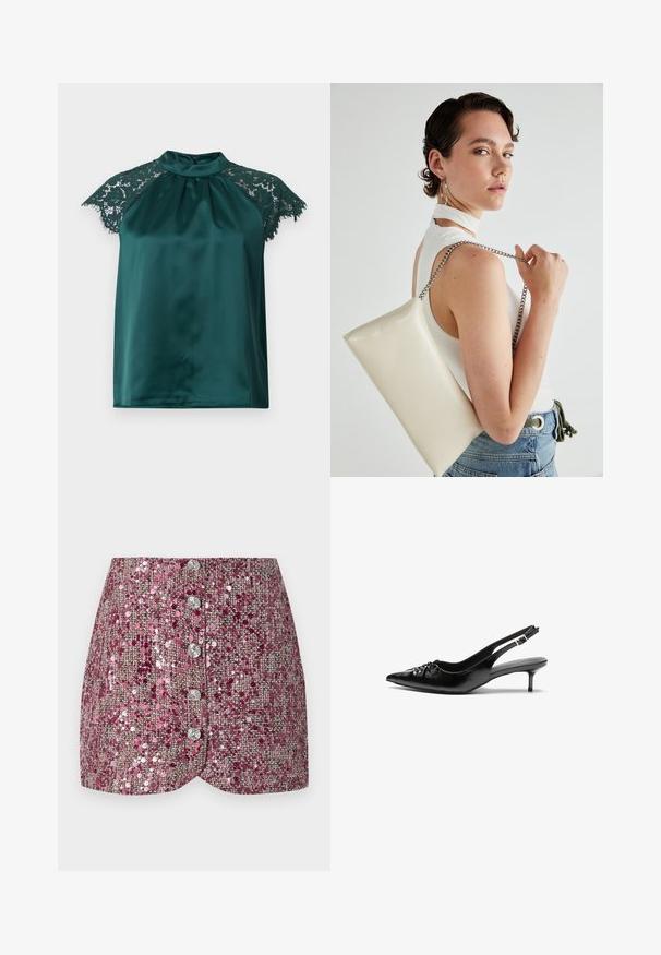 Roheline satiinbluus püsti krae ja pitsist õlavarrekatetega, millel on volditud esiosa. Sile tekstuur koos detailsete pitsaktsentidega.; Roosa sädelev seelik, millel on tekstuuriga kude, sobiva disainiga ja viie hõbedase nupu pikkusega ees. Kujundatud äär ja säravad aktsendid.; Musthave nahkased kõrged kontsad, millel on terav varvas, väike kitten-kont ja dekoratiivne sõlm ees. Ühtlane sile tekstuur.; Valge ristkülikuline kotti, mis on valmistatud läikivast materjalist, hõbedase ahelsangaga. Mudel poseerib, tutvustades kotti ühtlase taustaga.