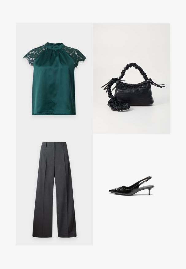 Blouse en satin vert avec un col montant, dotée de manches en dentelle et d'un devant plissé. Texture lisse avec des accents en dentelle détaillés.; Pantalons à jambes larges en tissu gris foncé, avec une taille haute, des plis simples et une texture lisse avec une finition soignée aux ourlets.; Des escarpins en cuir noir à talon slingback, avec un bout pointu, un petit talon kitten et un détail de nœud décoratif à l'avant. Texture lisse sur toute la surface.; Sac à main en simili cuir noir avec une texture crocodile, un dessus resserré et une sangle froncée. A l'apparence douce et compacte.