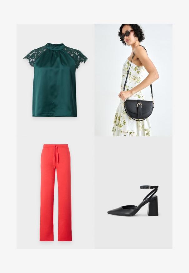 Blouse en satin vert avec un col montant, dotée de manches en dentelle et d'un devant plissé. Texture lisse avec des accents en dentelle détaillés.; Pantalon de survêtement rouge en tissu doux, avec une taille élastique à cordon de serrage, des jambes droites, sans poches ni motifs supplémentaires.; Escarpin noir en cuir à bout pointu avec une bride de cheville et un talon épais. Texture lisse, design élégant et esthétique minimaliste.; Sac à main en cuir noir avec une forme courbée, bandoulière amovible et des accessoires en or. Le sac est doté d'un rabat avec un détail de boucle.