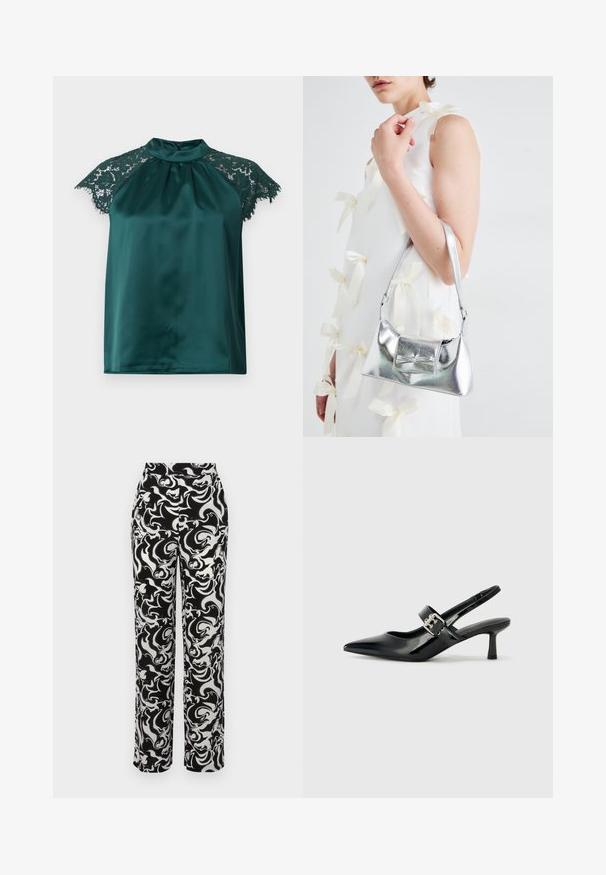 Žalia satino bluzelė su stovinčia apykakle, su nėrinių rankovėmis iki alkūnių ir plisuota priekiu. Lygi tekstūra su išsamiu nėrinių akcentu.; Juodos ir baltos spalvotų raštų kelnes su aukštu juosmeniu, išsiskiriančios sukasi abstrakčiu dizainu ir tiesia kojų forma. Lygus audinio paviršius.; Juodai lakuoti slingback aukštakulniai su smailiu kojų pirštu ir mažais blokiniais kulniukais, su sidabro sagtimi ant dirželio.; Sidabrinė metalinė rankinė su struktūrizuota forma, turinti viršutinę rankeną ir kaspiną priekyje. Lygi tekstūra, atspindinti apdaila.