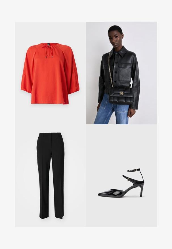 Blouse rouge avec un col rond et un détail de lien. Présente des manches longues et larges ainsi qu'une coupe décontractée. Tissu lisse avec une texture légère.; Pantalon noir ajusté avec une coupe droite, présentant une texture lisse et des plis nets sur le devant. Aucune quincaillerie visible.; Talons en cuir verni noir avec un bout pointu, des sangles de cheville ajustables et un talon fin. Texture lisse avec une finition brillante.; Veste en cuir noir avec fermeture à bouton et deux poches avant, assortie d'un sac à main matelassé noir avec un fermoir en or et une bandoulière chaîne.