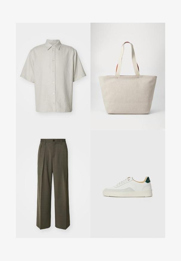 Kortärmad, krag skjorta i ljusbeige med subtil ribbad textur, med fem knappar framtill och avslappnad passform.; Filippa K WIDE TROUSERS - Tygbyxor - driftwood; Vit sneaker med mockadetaljer, rund tå, platta snören och en krämfärgad gummisula. Har grön branding på hälen.; Stor beige toteväska tillverkad av texturerad tyg, med två långa, rejäla krämbara handtag och bruna detaljer upptill.