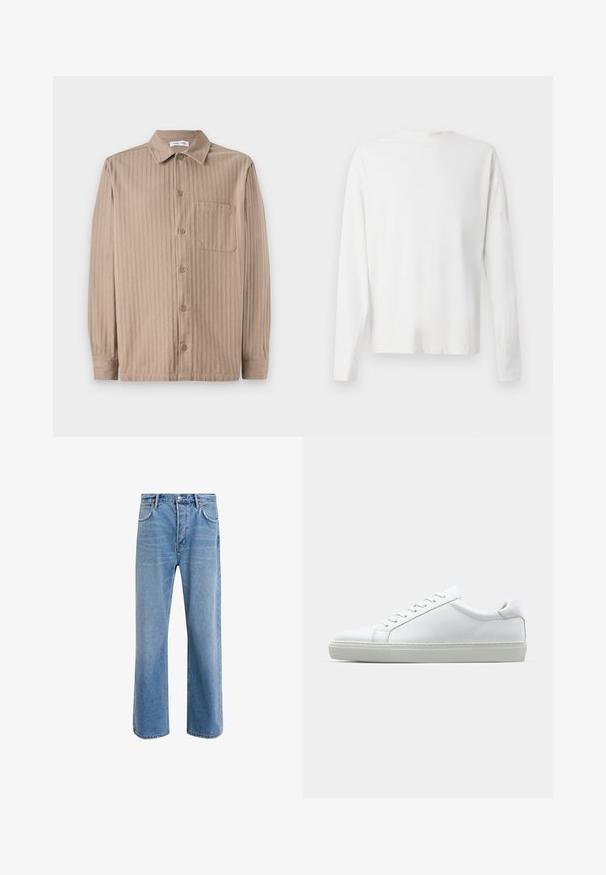 Kreminės spalvos marškiniai su juostele, turintys apykaklę, ilgomis rankovėmis ir krūtinės kišene. Pagaminti iš minkštos medžiagos.; Ilgų rankovių baltas medvilninis marškinis su apvalia iškirpte, šonuose su plyšiais apačioje ir lygia tekstūra, rodomas iš nugaros.; Šviesiai mėlyni džinsai su tiesiu kirpimu, penkios kišenės, mygtuko užsegimas, minimalus blukimas ir kontrastingi siuvimo detalės.; Baltas sportinis batelis su lygiu odiniu paviršiumi ir žemu profiliu. Turi suapvalintą pirštą, šešis akių skyrius ir tekstūruotą gumos padą.