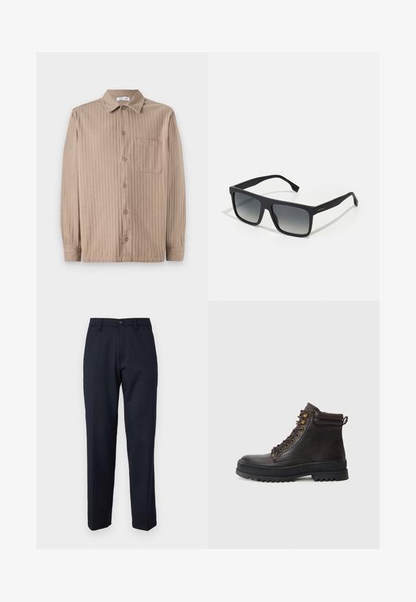Beige overhemd met knopen en een gestreepte structuur, voorzien van een kraag, lange mouwen en een borstzak. Gemaakt van zachte stof.; Marineblauwe broek van gladde stof, met een knoop aan de voorkant, recht model en zijzakken. Geen patronen of versieringen zichtbaar.; Bruine leren enkelboots hebben een ronde neus, een gestructureerde bovenkant, gouden metalen veterogen en een dikke zwarte rubberen zool voor grip.; BOSS Zonnebril - matte black