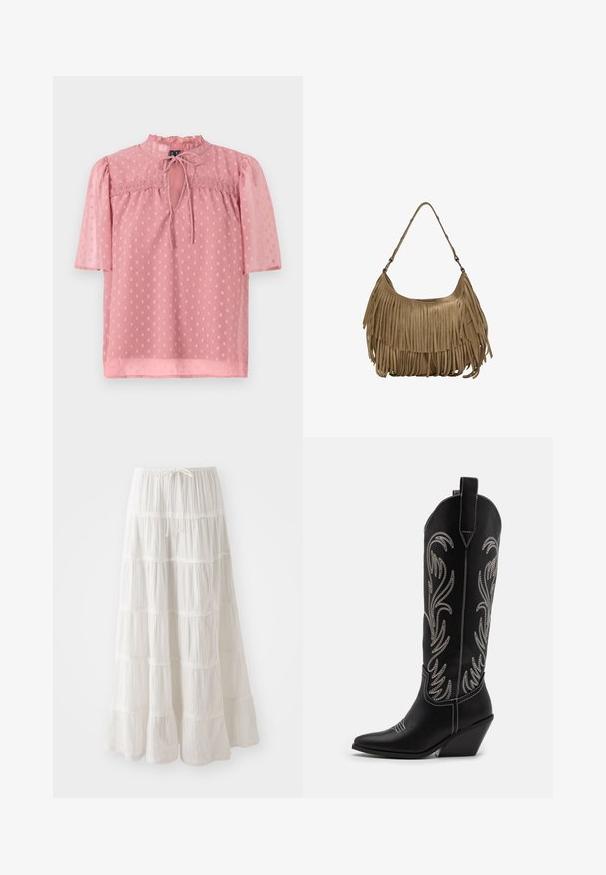 Světle růžová blůza s krátkými nabíranými rukávy, volánkovým výstřihem a průhlednou texturou. Má přední rovný výstřih s otvorem a vzor s puntíky po celém povrchu.; Bílá maxi sukně ve vrstvách vyrobená z lehkého materiálu. Disponuje elastickým pasem s šňůrkou a řaseným lemem.; Černé kožené kovbojské boty s špičatými špičkami, podpatky ve tvaru klínu a stříbrně vyšívanými květinovými vzory po celé délce. Kontrastní prošívání po celém obvodu.; Hnědá semišová kabelka s dlouhými třásněmi, zakřiveným tvarem a jedním ramenním popruhem. Vyznačuje se hladkým, texturovaným povrchem.