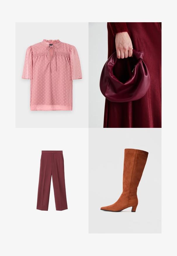 Svetloružová blúzka s krátkymi puff rukávmi, volánkovým výstrihom a priesvitnou textúrou. Obsahuje predný otvor v tvare kľúča a celoplošný bodkovaný vzor.; Bordové nohavice s širokými nohavicami a hladkým povrchom, s bočnými vreckami a vysokým pásom. Ušité s čistým predným záhybom.; Hnedé semišové vysoké čižmy po kolená s špicatou špičkou a malým blokovým podpätkom, s hladkou textúrou a minimalistickým dizajnom.; Burgundská kožená kabelka s mäkkým, zhromaždeným dizajnom a zaobleným tvarom. Rukoväť je pevne zaisťujúca a vystavuje hladkú textúru.