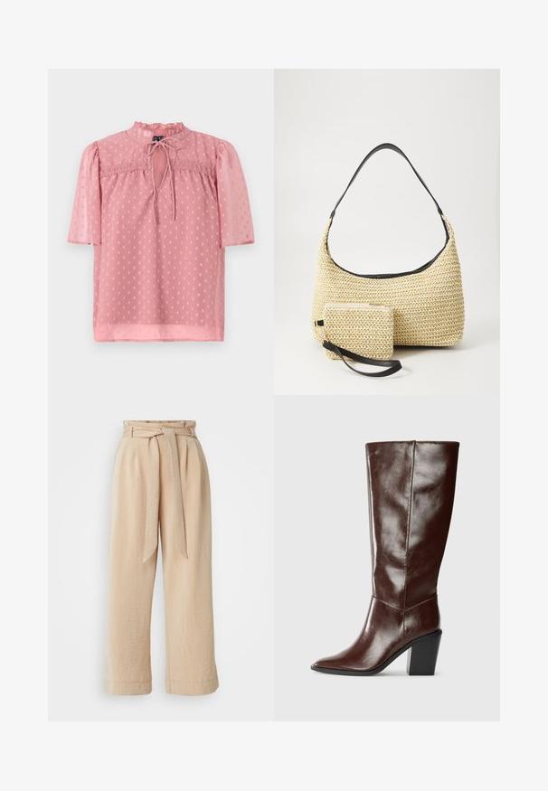 Bluză roz deschis cu mâneci scurte bufante, decolteu ondulat și textură transparentă. Are un detaliu cu decolteu în formă de cheie în față și un model cu buline pe tot materialul.; Pantaloni bej cu croi larg, cu talie belcimetru, fabricați dintr-un material texturat. Au un pliu frontal și o finisare netedă la margine.; Cizme din piele maro închis, înalte, cu vârf ascuțit și toc bloc, prezentate din lateral pe un fundal simplu.; Geantă din paie țesută, cu o siluetă curbată, având o curea din piele neagră netedă și un plic mic asortat, atașat printr-un breloc pentru încheietură.