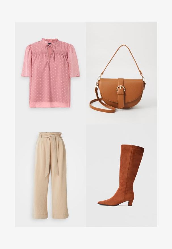Light pink blouse with short puff sleeves, a frilled neckline, and sheer texture. Features a keyhole front and polka dot pattern throughout.; Beige wide-leg trousers with a belted waist, made of textured fabric. Features a front pleat and a smooth finish along the hem.; Brown suede knee-high boot with a pointed toe and a small block heel, featuring a smooth texture and minimalistic design.; Brown leather crossbody bag with a curved shape, gold hardware, and a buckle accent. Features a detachable shoulder strap.