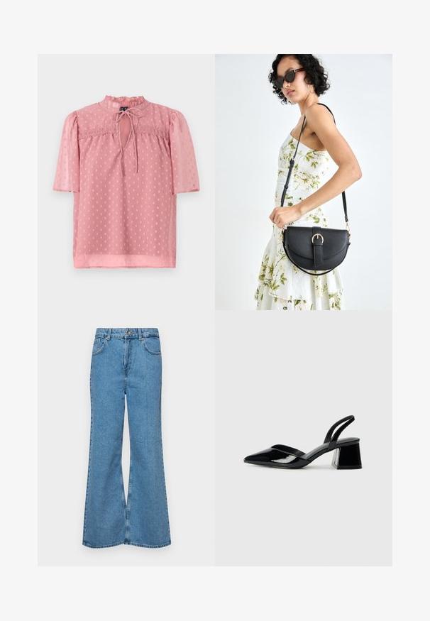 Blouse rose clair avec des manches courtes bouffantes, un col froncé et une texture légère. Présente un décolleté en forme de trou de serrure et un motif à pois sur l'ensemble.; Jean flare bleu clair en denim, avec une taille haute, cinq poches et une fermeture à un bouton. Texture douce avec une finition décolorée.; Escarpins en cuir verni noir avec bout pointu et talon bloc géométrique. Présente un design élégant et minimaliste ainsi qu'une texture lisse.; Sac à main en cuir noir avec une forme courbée, bandoulière amovible et des accessoires en or. Le sac est doté d'un rabat avec un détail de boucle.