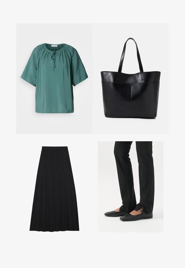 Teal short-sleeve blouse with a round neckline, adjustable drawstring, and slightly wrinkled texture. Lightweight fabric with relaxed fit.; Black maxi skirt made of soft, flowing fabric. It features an elastic waist and a full, A-line silhouette with a smooth texture.; Black leather ballet flats with a pointed toe, strap with silver buckle, paired with black tailored pants featuring a slit hem.; Black leather tote bag with two long handles, a smooth texture, and a structured shape. Features a front pocket for additional storage.; Silver hoop earrings with a smooth, polished finish. Round shape and secure click-top closure. Lightweight design suitable for everyday wear.