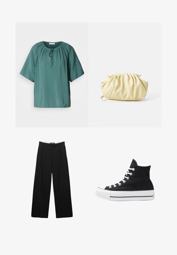 Blouse teal à manches courtes avec un col rond, cordon de serrage ajustable et texture légèrement froissée. Tissu léger avec une coupe décontractée.; Pantalons évasés noirs en tissu lisse. Présente des plis sur le devant, une taille avec passants de ceinture et une silhouette ajustée.; Baskets montantes noires en toile avec œillets, lacets et semelle en caoutchouc blancs. Présentent un orteil texturé et des accents rayés noir et blanc.; Sac à main plissé jaune en simili cuir lisse, arborant une forme douce avec une bandoulière unique et un design froncé sur le dessus.; Boucles d'oreilles en métal argenté avec un design ondulé et sculptural, présentant une finition polie et des formes irrégulières, mettant en valeur une esthétique contemporaine.