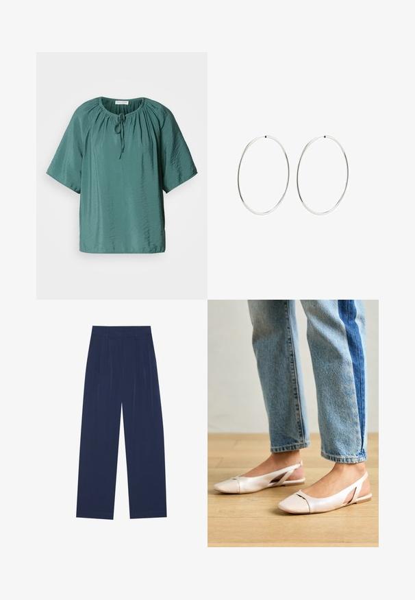 Teal short-sleeve blouse with a round neckline, adjustable drawstring, and slightly wrinkled texture. Lightweight fabric with relaxed fit.; Navy blue wide-leg pants made of soft fabric, featuring front pleats, a smooth texture, and a straight fit with no visible pockets.; Pale pink slingback flats with a pointed toe, made from a smooth leather-like material. Features cut-out details at the sides and a flat heel.; Silver hoop earrings with a smooth, round design and a polished finish. They are thin and lightweight, featuring a simple clasp closure.
