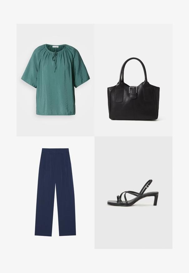 Teal kortmouw blouse met een ronde halslijn, verstelbare koord, en een licht gekreukt textuur. Lichte stof met een ontspannen pasvorm.; Navyblauwe wijde broek van zachte stof, voorzien van voorplooien, een gladde textuur en een rechte pasvorm zonder zichtbare zakken.; Zwarte sandaal met bandjes, vierkante teen en een lage blokhak. Voorzien van meerdere dunne bandjes en een verstelbare enkelband. Gemaakt van zacht leer.; Zwarte leren tote bag met een gladde textuur, gestructureerde vorm, twee handvatten en een opvallend zilveren sluitingdetail aan de voorkant.