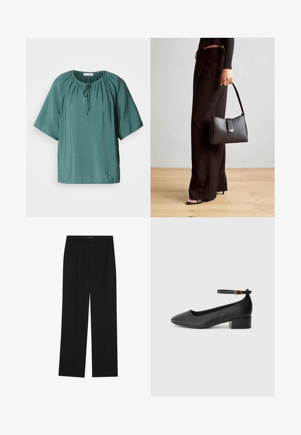 Bluză scurtă verde teal, cu guler rotund, șnur reglabil și textură ușor șifonată. Material ușor, cu croi lejer.; Pantaloni negri cu un design drept, dotati cu doua buzunare frontale si un talie. Fabricati dintr-un material usor si neted.; Pantof cu toc negru din piele, cu vârf ascuțit și toc mic pătrat. Dispune de o curea la gleznă cu o cataramă în tonuri de aur. Textură netedă.; Genți negre cu o formă structurată, textură netedă și un închizător metalic. Asortată cu pantaloni negri largi și sandale cu vârf deschis pe un podea din lemn.