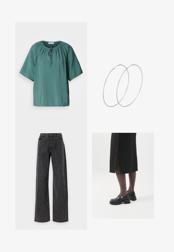Türi Kurzarmbluse mit rundem Ausschnitt, verstellbarem Kordelzug und leicht zerknitterter Textur. Leichter Stoff mit lässiger Passform.; Noisy May NMJANNEL LOOSE - Jeans Relaxed Fit - black denim; Schwarze Lederschuhe mit abgerundetem Zeh, dicker Blockabsatz und elastischen seitlichen Akzenten, kombiniert mit dunklen Strumpfhosen und einem schwarzen Rock mit Schlitz.; Silberne Creolen mit minimalistischem Design. Rundform, glatte Oberfläche und dünnes Profil. Leichtgewichtig mit hochglänzender Oberfläche.