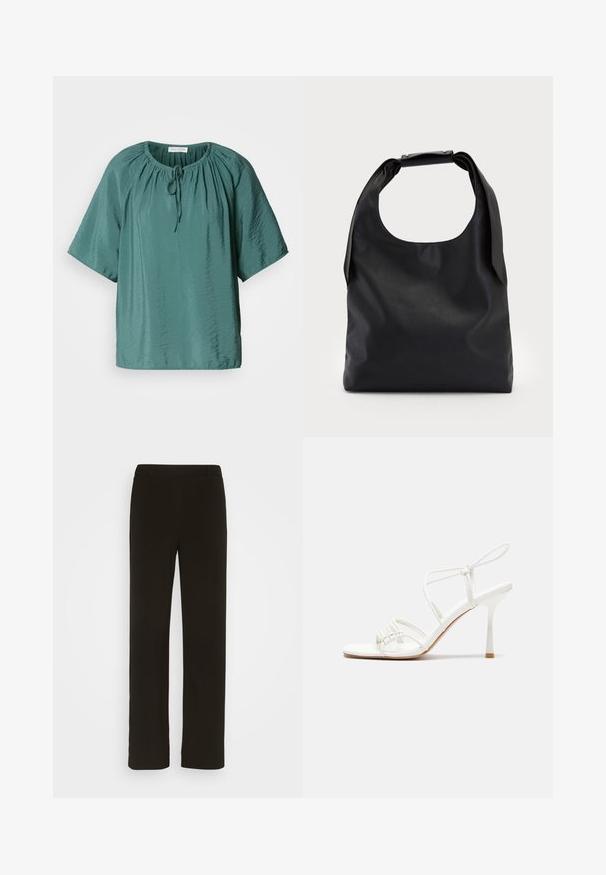 Aqua värvi lühikeste varrukatega pluus ümmarguse kaelusega, reguleeritava paelaga ja veidi kortsus tekstuuriga. Kerge kangas ja mugav istuvus.; Mustad, sirged jalad, mis on valmistatud kootud kangast, millel on lame esiosa, kaks külgtaskut ja sile tekstuur. Ilma nähtavate mustrite või aktsentideta.; Valge rihmadega kõrge kontsaga sandaal, millel on lamedad varbatoed, tekstuuriga esiosa kogutud detailidega ja kitsas pahkluu rihm.; Must коммерcный кott sa больше, с хорошоииr rAlpha-gaind да спинай ониигякца; и Storeup вocusedайфиқатяk санжинг ын ал trustだ রতাє 적에и; Kuldsete rõngaskõrvarõngaste tekstuuriga, ebakorrapärane kuju. Omab sujuvat lukustust ja poleeritud pinnatöötlust, rõhutades kaasaegset disaini.