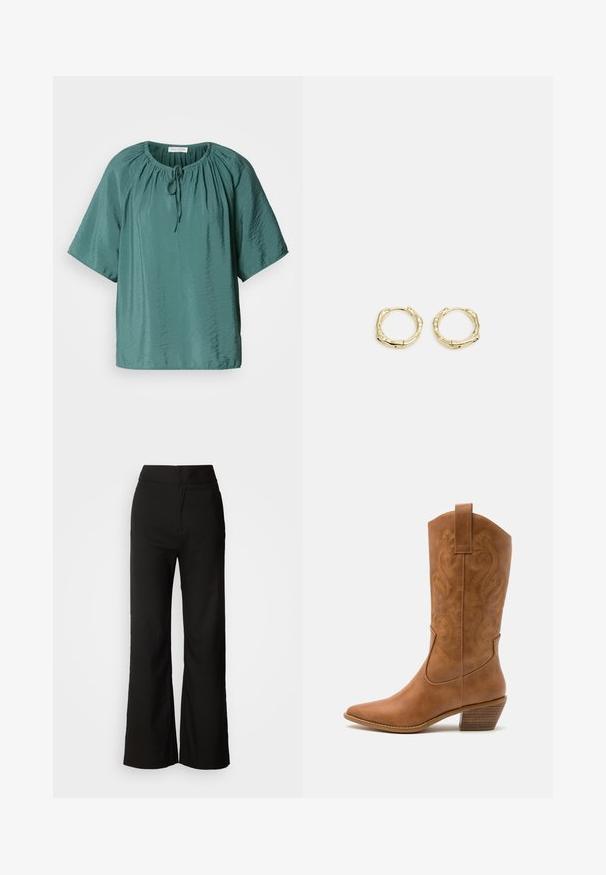 Turkio spalvos trumpomis rankovėmis bliuskutė su apvalia apykakle, reguliuojamu raišteliu ir šiek tiek raukšlėta tekstūra. Lengvas audinys, laisvas kirpimas.; Juodos plačios kelnės su lygiu paviršiumi, aukšta liemeni, ir švariu dizainu. Nėra matomų kišenių ar papuošimų.; Ruda odinė kantri batai su smailiu būtų pirštu, siuvinėtais spiralės raštais ant viršaus ir su kamščiu blokuotu kulnu. Yra tamprių užtraukių, kad būtų lengviau užsidėti.; Aukso žiedo auskarai su tekstūruotu, netaisyklingu paviršiumi. Yra be siūlių užsegimas ir poliruotas paviršius, akcentuojantis modernų dizainą.