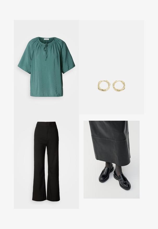 Türi Kurzarmbluse mit rundem Ausschnitt, verstellbarem Kordelzug und leicht zerknitterter Textur. Leichter Stoff mit lässiger Passform.; Schwarze weit geschnittene Hosen mit glatter Textur, hoher Taille und klarem Design. Keine sichtbaren Taschen oder Verzierungen.; Schwarze Lederloafers mit glatter Oberfläche, verziert mit einem dekorativen Riemen, runder Zehenpartie und texturierten Sohlen. Getragen mit einem langen schwarzen Lederrock.; Goldene Creolen mit einer strukturierten, unregelmäßigen Form. Sie verfügen über einen nahtlosen Verschluss und eine polierte Oberflächenbehandlung, die ein modernes Design betont.