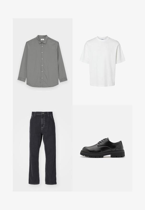 Jack & Jones JJJOE PLAIN NOOS - Marškiniai - castor gray; Balta medvilninė marškinė su trumpomis rankovėmis, apvaliu iškirpimu ir laisvu siluetu. Lygus paviršius be matomų raštų ar akcentų.; Juodas džinsinis kelnių modelis su tiesiomis kojomis, turintis užtrauktuką, penkias kišenes ir kontrastingą siuvinėjimą siūlėse.; Juodi odiniai bateliai su apvaliu nosiu, raištelių užsegimu ir storu, tekstūruotu guminėmis padais. Yra siuvinėjimas per kraštą ir lygus paviršius.