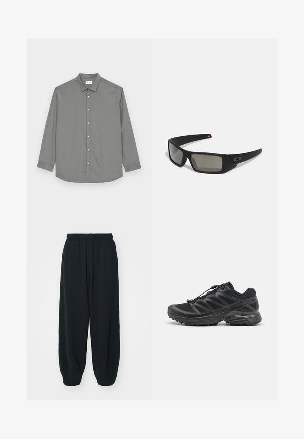 Jack & Jones JJJOE PLAIN NOOS - Pluus - castor gray; Mustade elastse vöökoha ja laia lõikega dressipüksid, mansetiga sääred, sile tekstuur ning ilma nähtavate mustrite või detailideta.; Mustad musta jooksujalats, millel on pehme võrkpinna ja sünteetiline ülemine osa, paindlik tallatoode ja elastsed nöödid. Omab mugavuse tagamiseks polsterdatud vaheosakest.; Mustad mustaga viimistlusega prillid, ristkülikukujulised läätsed, templite kerge kõverus, diskreetne logo detail ja suitsutatud läätsed.