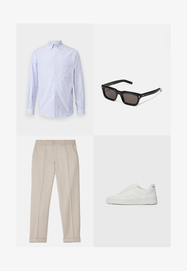 Šviesiai mėlynas ir baltas dryžuotas ilgarankovis marškinys su mygtukų apykakle, priekiniais kišenėmis ir mygtukų uždarymu, pagamintas iš lygaus audinio.; Filippa K TERRY CROPPED TROUSERS - Kelnės - sage melange; Balti odiniai sportiniai bateliai su lygia apdaila, apvaliu pirštu, plokščiais raišteliais ir tekstūruotu padu. Pasižymi subtiliu logotipu ant kulno.; Juodos stačiakampės akinių nuo saulės su tamsiais objektyvais, storu plastiko rėmu, auksinėmis detalėmis ant šventyklų ir prekės ženklo logotipu išgraviruotu ant šono.