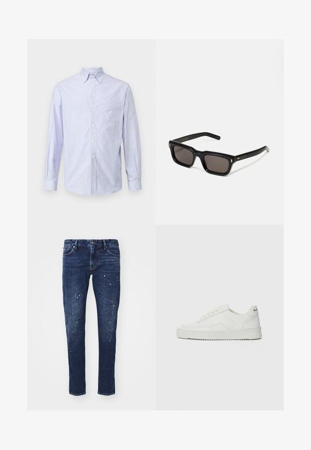 Svetlomodrá a biela prúžkovaná košeľa s dlhým rukávom, s golierom na gombíky, prednou vreckom a gombíkovým zapínaním, vyrobená z látky s hladkou textúrou.; Tmavomodré denimové džínsy so slim fit strihom, ktoré majú farebné kvapky farby, viditeľné švy a štandardný dizajn s piatimi vreckami. Rovný strih nohavíc.; Biele kožené tenisky s hladkým povrchom, okrúly špičkový dizajn, ploché šnúrky a textúrovaná podrážka. Obsahujú jemné logo na päte.; Čierne obdĺžnikové slnečné okuliare s tmavými sklami, hrubým plastovým rámom, zlatými detailami na spánkoch a vygravírovaným logom značky na ramene.