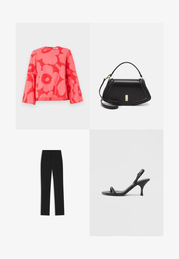 Röd blommig topp med lång ärm, rund halsringning och en avslappnad passform. Har stora blommönster i mörkare nyanser. Lättviktsmaterial.; Svarta skräddarsydda byxor med rak bendesign, som har framfickor och ett slätt, strukturerat tyg. Prydlig, minimal detaljer.; Svarta läder högklackade sandaler med en smal, böjd klack och ett korsat remdesign. Justerbar ankelrem. Slät textur.; Svart läderhandväska med en strukturerad design, som har en avskuren form, ett handtag upptill och guldiga detaljer. Justerbar axelrem ingår.
