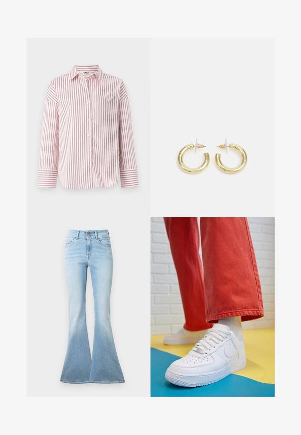 Šviesiai rožinė ir tamsiai raudona dryžuota ilgomis rankovėmis mygtukinė palaidinė, pagaminta iš minkštos medžiagos, su tradicine apykakle ir rankogaliais.; Šviesiai mėlynos bei išsiplėtusios džinsinės kelnes. Jos pasižymi aukštu liemeniu su dviem mygtukais ir nedideliu išblukimu link krašto. Klasikinis penkių kišenių dizainas.; Baltos odinės kedų sportbačiai su perforuotu pirštu, tekstūruota pado dalimi ir baltais raišteliais, derinami su plačiomis raudonomis kelnėmis ir mėlynos bei geltonos spalvų fono kompozicija.; Aukso auskarai su lygiu, blizgiu paviršiumi. Apvalus dizainas su maža užrakto dalimi ir skaidria atrama saugiam nešiojimui.