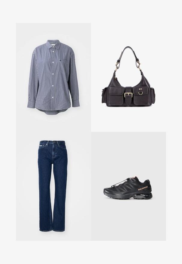 Chemise à rayures bleu marine et blanche à manches longues avec un col classique, une poche avant et une fermeture à boutons. Tissu doux avec une texture lisse.; T-shirt en coton noir avec un imprimé graphique sur le thème de la nature, représentant des montagnes, des arbres et un cerf, à manches courtes et col rond.; Jeans en denim bleu foncé avec jambes droites, fermeture à bouton et cinq poches. Le tissu a une légère texture avec des détails de couture subtils.; Chaussure de course noire avec une tige en mesh, semelle en caoutchouc et accents réfléchissants. Dispose d'un système de laçage sécurisé et d'un design texturé.; Sac en cuir noir avec deux poches avant, une boucle centrale et des éléments en métal doré. Texture lisse avec une silhouette arrondie.