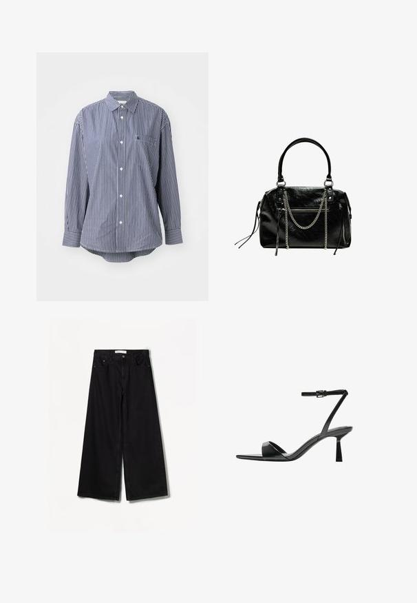 Navy and white striped long-sleeve shirt with a classic collar, front pocket, and button closure. Soft fabric with a smooth texture.; Bershka WIDE-LEG - Wide Leg - black; Bershka High heeled sandals - black; Bershka WITH CHAIN - Handbag - black