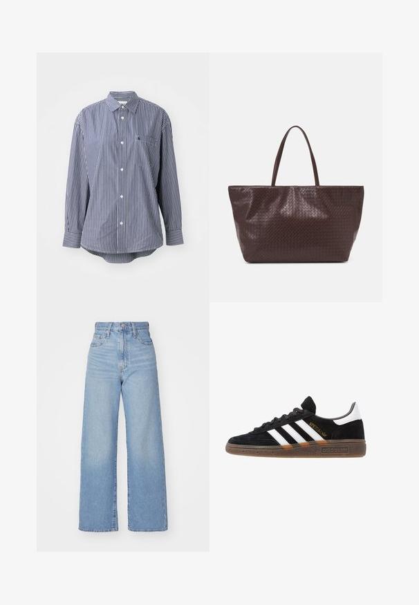 Jūras spēku un baltās svītras garām piedurknēm krekls ar klasisku apkakli, priekšējo kabatu un pogu aizdari. Mīksta auduma, ar gludu tekstūru.; Gaiši zili augstās jostas vidukļa platās bikses ar priekšējo pogu un rāvējslēdzēju, priekšējām un aizmugurējām kabatām uz baltā fona.; Melnas Adidas sporta kurpes ar baltām svītrām, zelta "Spezial" uzrakstu, gumijas zoli un baltu papēža daļu, attēlotas profila skatījumā.; Brūna austs ādas rokassoma ar divām rokturiem, strukturētu formu un teksturētu virsmu, ar diagonālu rakstu visā virsmā.