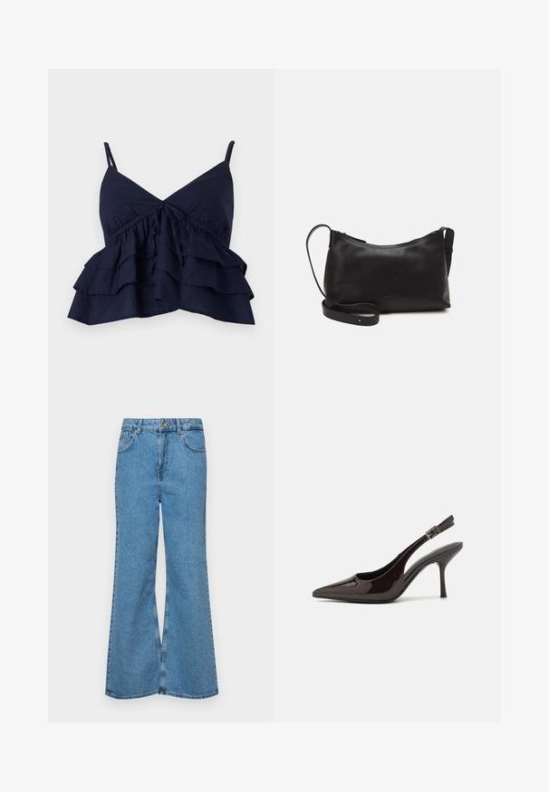 Tamnoplavi materijalni top s podesivim trakama, s naboranom bustierom i tri sloja volana na rubu.; Svijetloplave traperice s flared nogavicama, visokog struka, s pet džepova i jednim dugmetom za zatvaranje. Mekani materijal s izblijedjelim izgledom.; Sandalice na visokom potpetici od sjajnog tamnosmeđeg lakiranog kože, s oštrim vrhom, otvorenim stranama i podesivom naramenicom.; Crna kožna torba na rame s glatkom teksturom, zakrivljenim oblikom, podesivim remenom i zatvaranjem na patentni zatvarač. Minimalistički dizajn bez ukrasa.