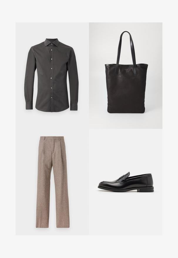 Tamno siva košulja dugih rukava od glatkog materijala s oštrim okovratnikom, prednjim dugmadi i prilagođenim krojem. Bez uzoraka ili akcenata.; Smeđe, hlače viskog struka od teksturiranog materijala. Imaju široke nogavice i dva prednja pregiba za strukturu. Uređen završetak bez vidljivih metalnih dijelova.; Crni kožni mokasini s glatkom teksturom, zaobljenim prstima i ukrasnom trakom preko prednjeg dijela. Niski slojeviti potplat, minimalistički dizajn.; Crna platnena torba s crnim kožnim ručkama. Jednostavan dizajn, prostrano tijelo i glatka tekstura. Bez vidljivih logotipa ili uzoraka.